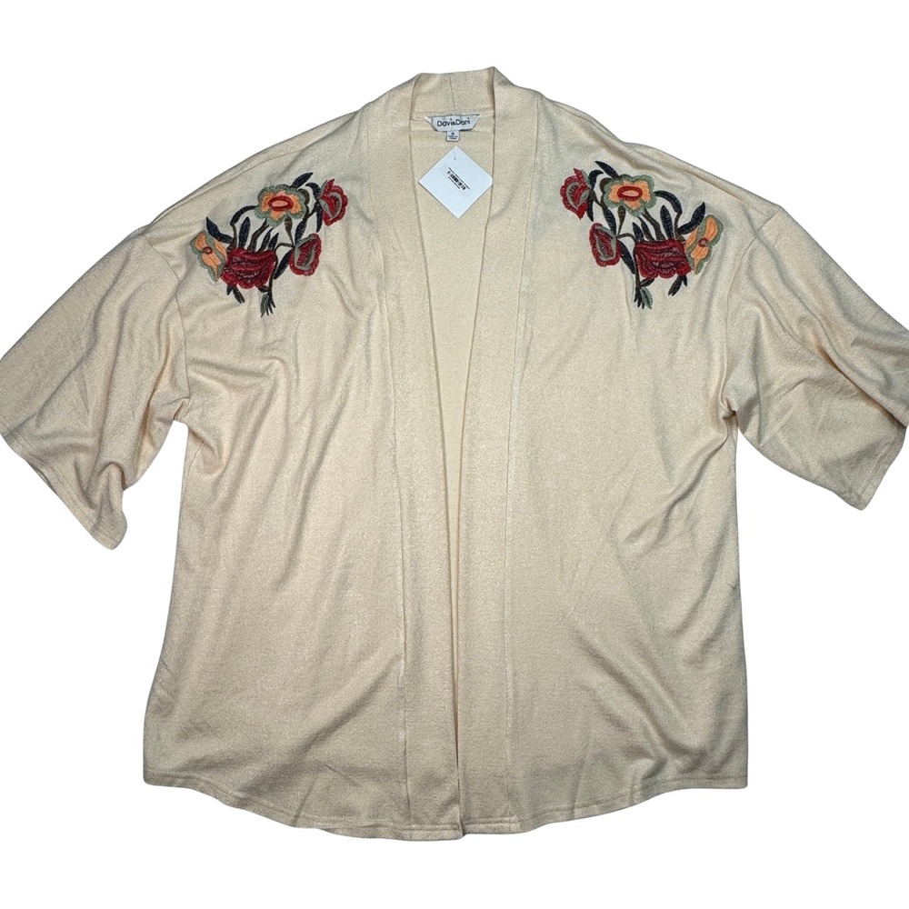 Davi & Dani Embroidered Floral Kimono Cardigan Cream Open Front NWT Oversized M